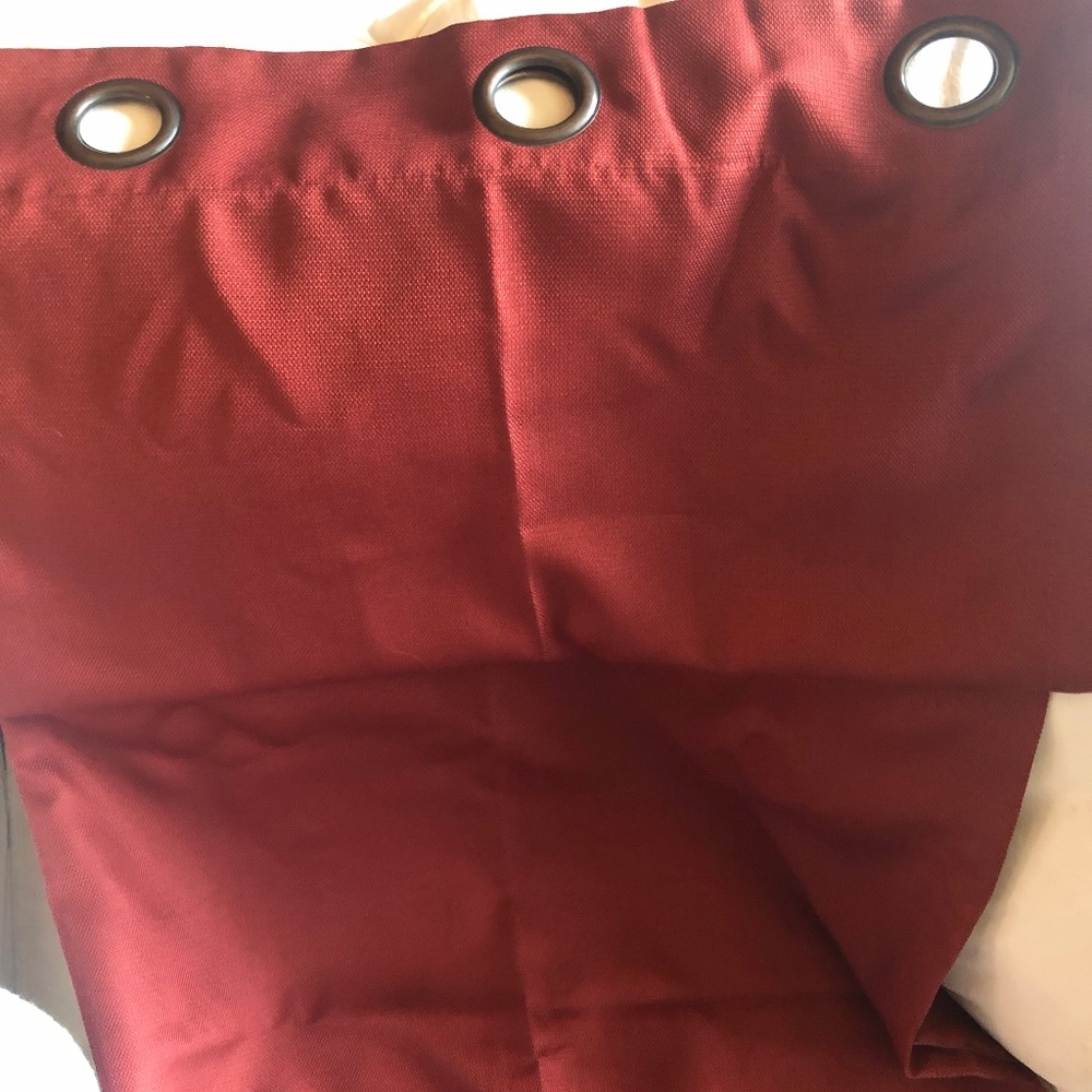 Four red curtains, antique brass hanging grommets, room darkening, 48 wide 63 lg